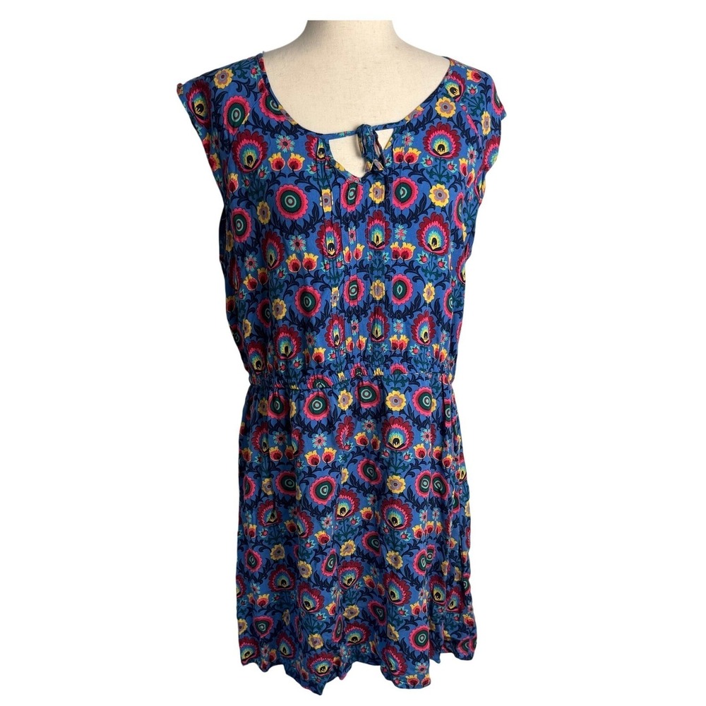 Matilda Jane Women Blue Floral Print Folk Art Pintuck Mini Dress Sleeveless XS